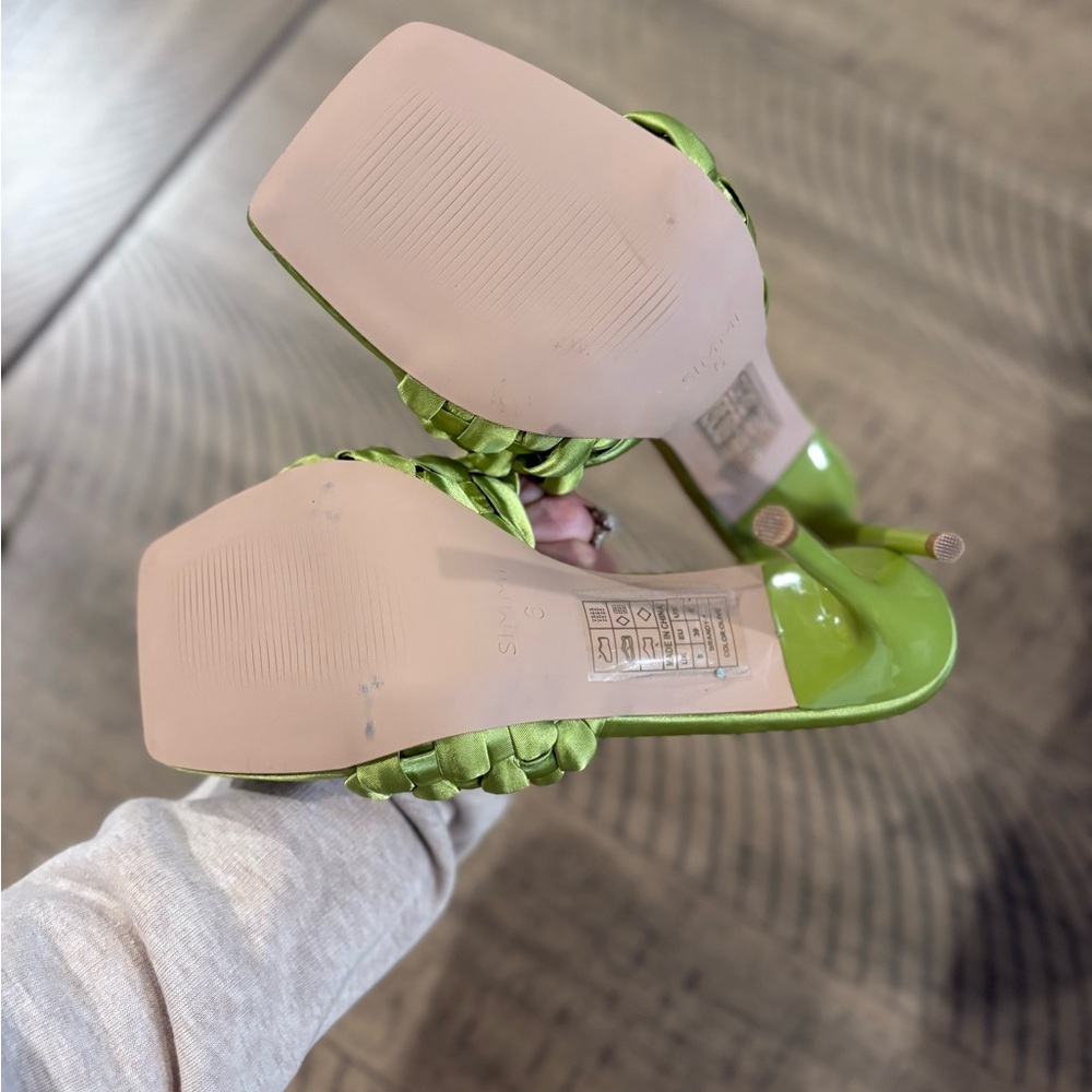 NEW Simmi London Brandy Bright Green Satin Woven Open Toe Slide On Mules Heels - Picture 10 of 10